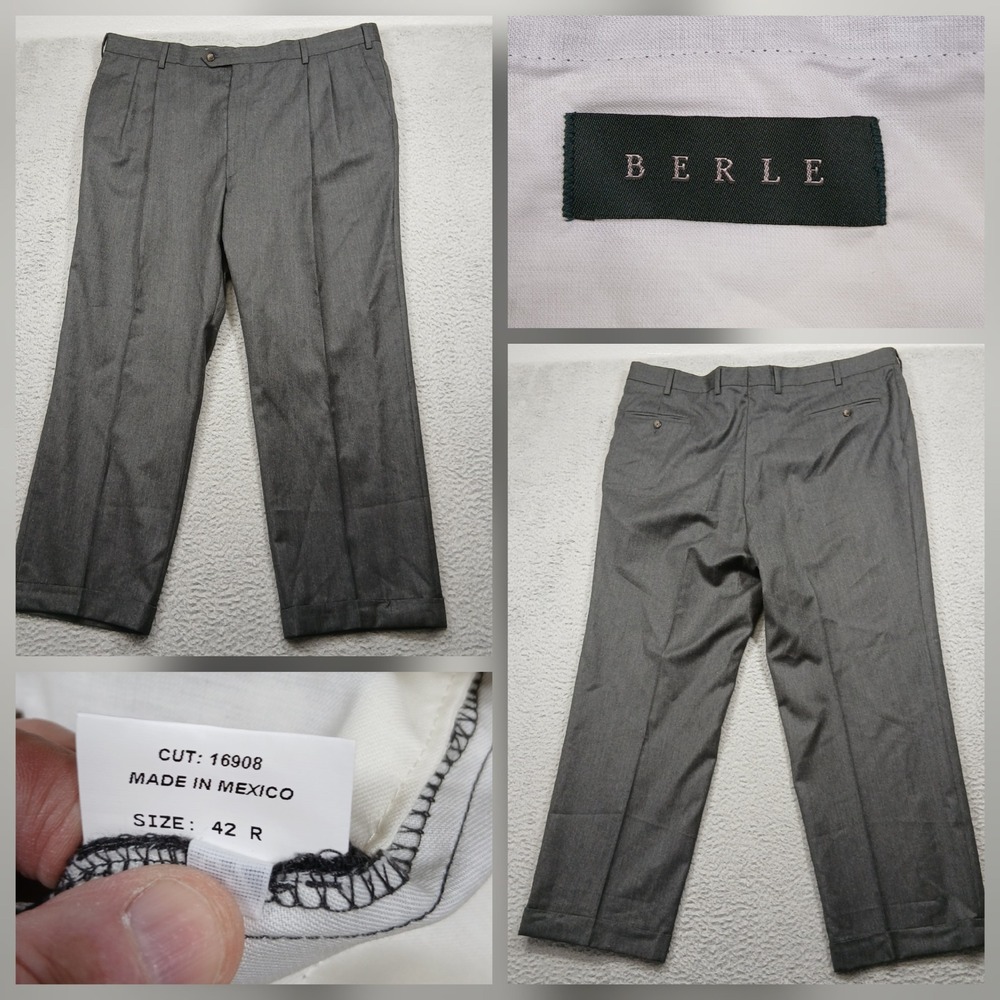 Berle Dress Pants Men's 42R Gray Pleated Wool Blend Made‎ in Mexico Classic Fit